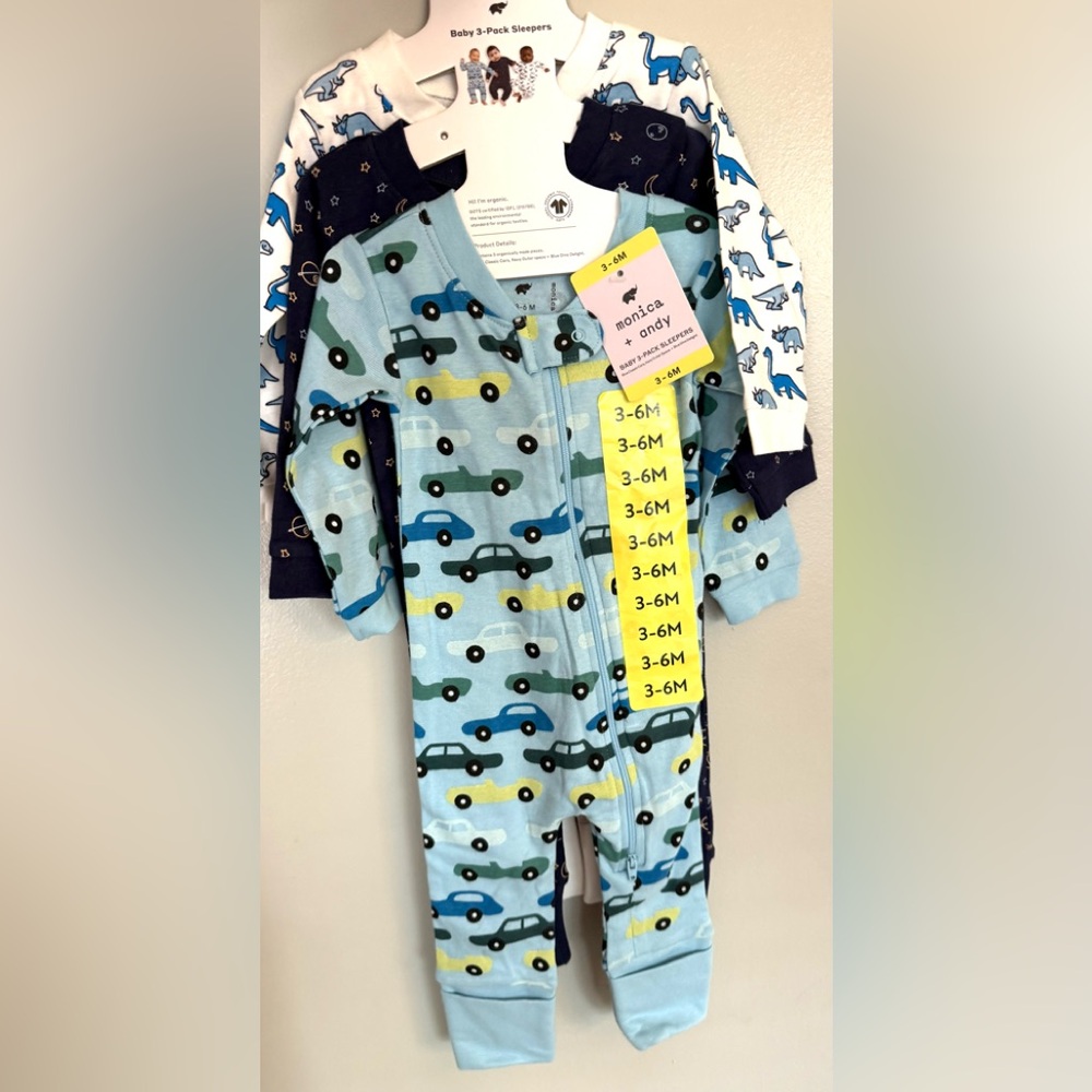 monica + andy Baby Boys 3-6 M Sleepers 3-piece Organic PJ’s Set Shower Gift NEW